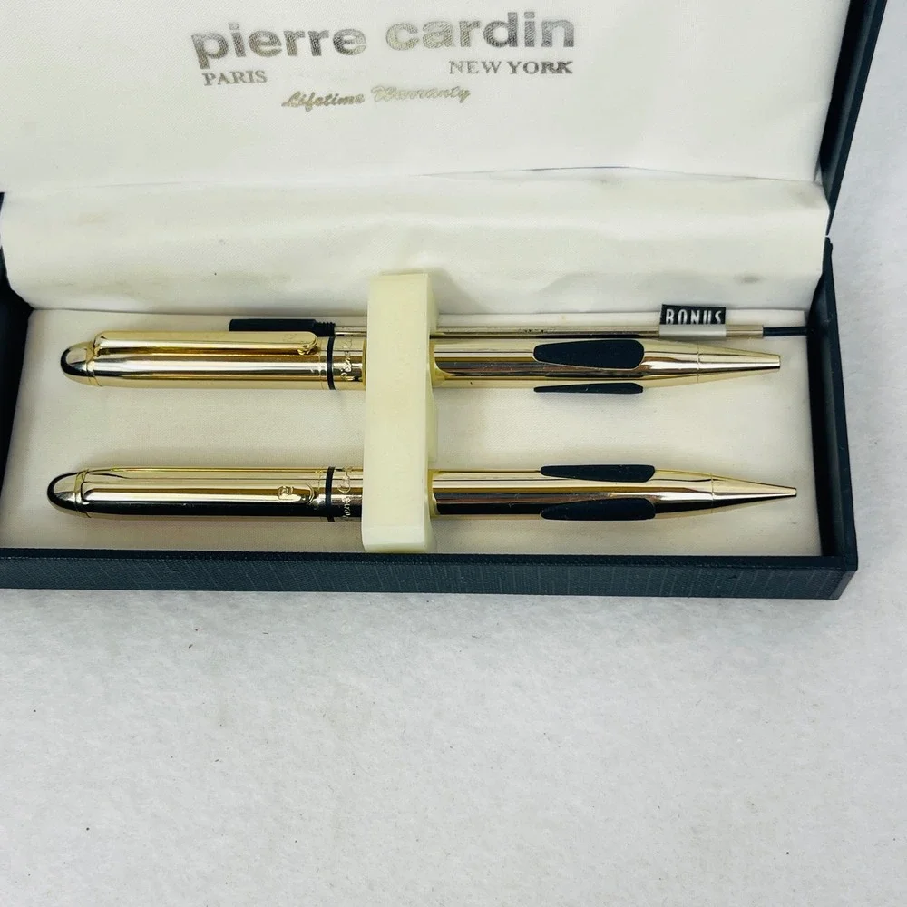 Pierre Cardin Paris New York Gold Tone Pen and Pencil Set with Case and Refill